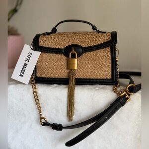 Steve Madden Gold Padlock Tassel Charm Woven Straw Chain strap Satchel bag
